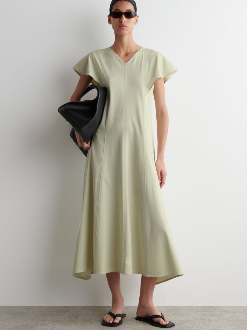 COS Petal-Sleeve 100% Cotton Midi Dress Light Green S